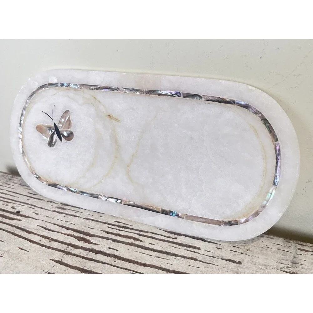 Vintage White Quartz Butterfly Mother-Of-Pearl Inlay Decorative Trinket Tray 12”